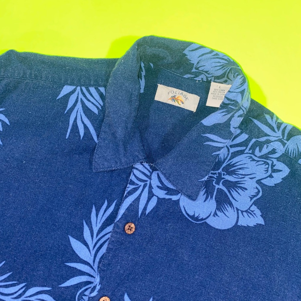 Foliage Mens Blue Linen‎ Blend Hibiscus Floral Hawaiian Camp Shirt Large